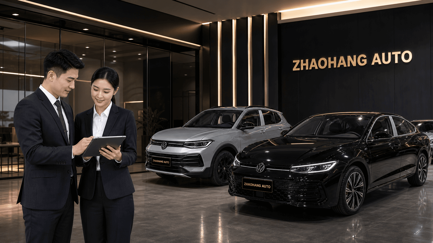 ZHAOHANG AUTO team reviewing used car export information in a premium showroom